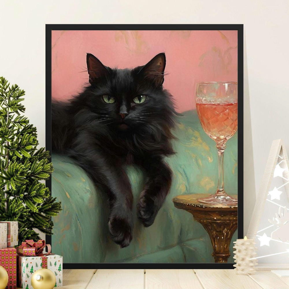 Black Cat Portrait With Wine Glass Poster, Cat Lover Decor, Feline Art ...