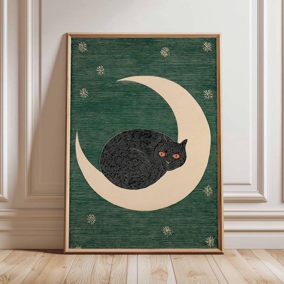 Black Cat Poster Japanese Minimalist Moon Wall Art Print Modern Zen Animal Artwork Mystical Night Decor Celestial Home Art