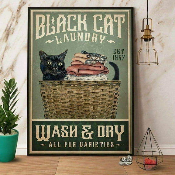 Black Cat Poster Metal Sign Black Cat Laundry Wash And Dry Poster Retro Art Print Decor Wall Decor For Home Bar Pub Coffee Shop Decor 8X12 Inch