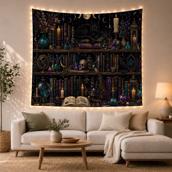 Black Cat on Potion Shelves Against a Starry Night Sky, Mystical Gothic for Occult Lovers, Magical Room Decor Art, Halloween Gift, Tapestry Wall Hanging for Bedroom and Living Room