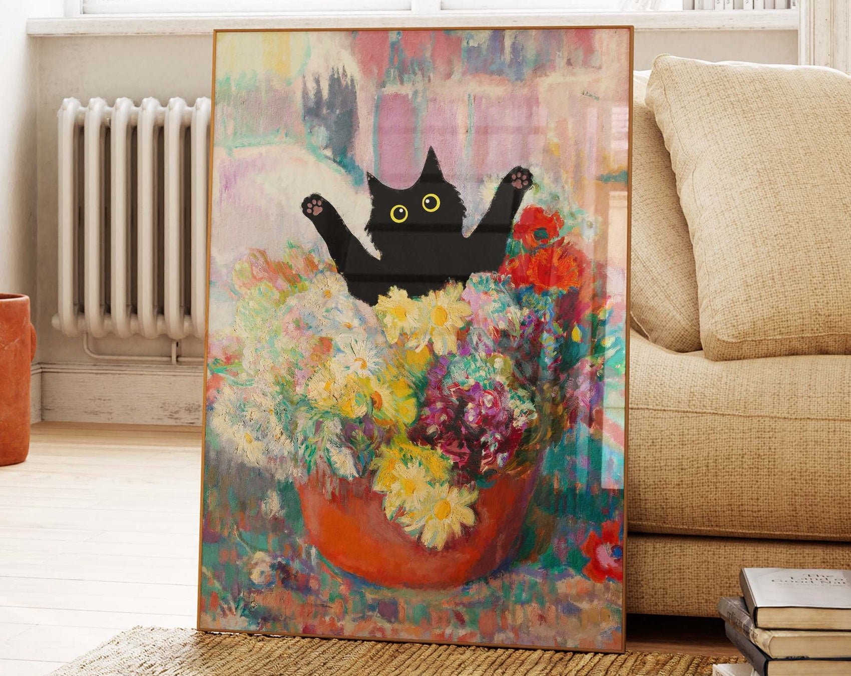 Black Cat Print, Cat in a Flower Pot Poster, Flowers Print, Funny Cat ...