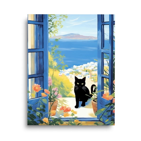 Black Cat Print, Greece Travel Wall Art, Romantic Mediterranean Decor, Cute Cat Poster, Coastal Feline Artwork, Seaside Charm Art Home Decor #3362, Unframed Poster Size 12x18