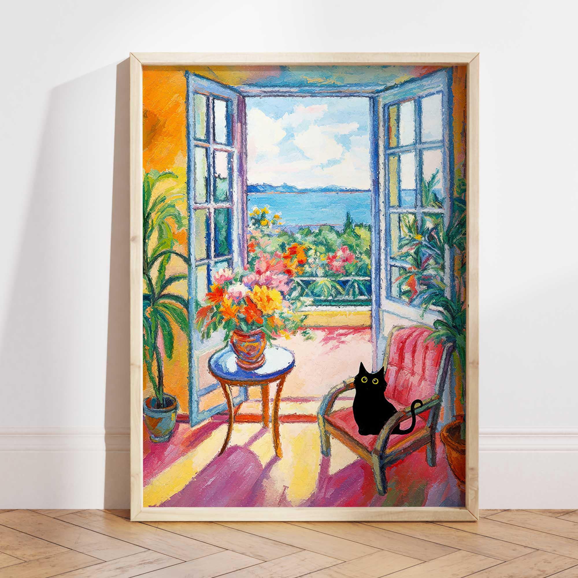 Black Cat Print Open Window Cat Poster Cat Art Floral Print Funny Cat ...