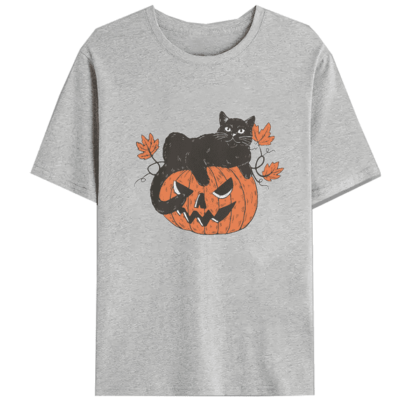 Black Cat on Pumpkin Casual Tops Cute Halloween Cat Lovers Print T-shirts Short Sleeve Funny Design Graphic Tees for Daily Outfits Cotton Shirts Gray,3XL