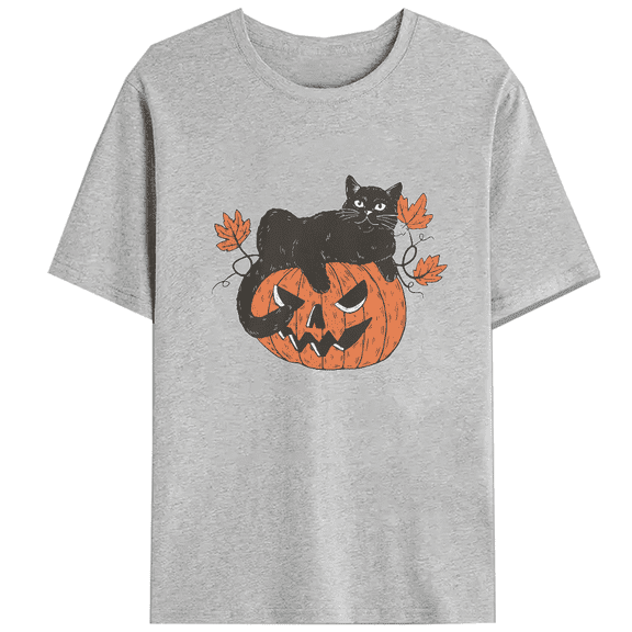 Black Cat on Pumpkin Casual Tops Cute Halloween Cat Lovers Print T-shirts Short Sleeve Funny Design Graphic Tees for Daily Outfits Cotton Shirts Gray,3XL