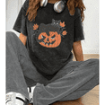 thumbnail image 1 of Black Cat on Pumpkin Casual Tops Halloween Cat Lovers Print T-shirts Short Sleeve Funny Design Graphic Tees for Daily Outfits Acid Washed Shirts Black,S, 1 of 5