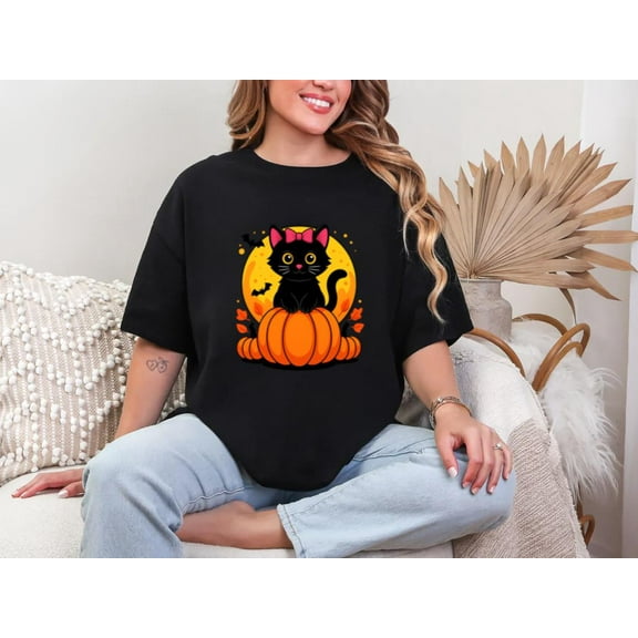 Black Cat Pumpkin Girls Halloween Costume Fall Season Celebration Unisex T-shirt, up to size 5XL.