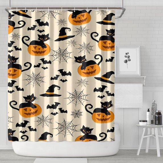 Black Cat Pumpkin Halloween Pattern Shower Curtain 72"x84" ,Bathroom Decorative Shower Curtains Set with 12 Hooks,Modern Waterproof Washable Shower Curtain