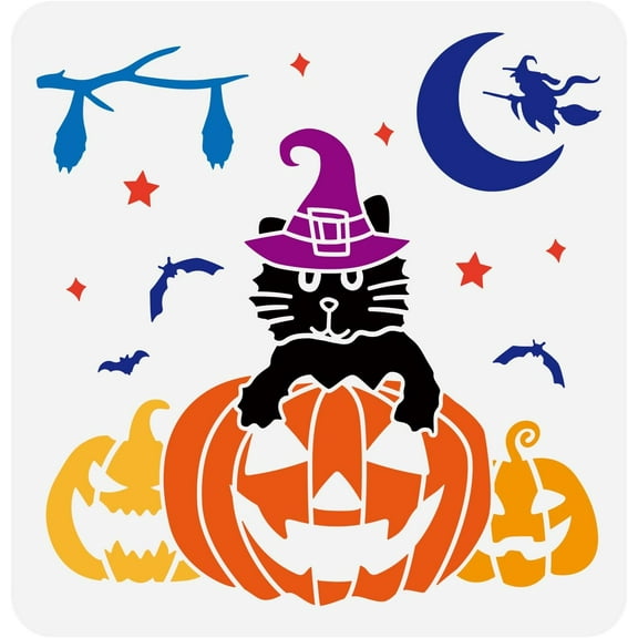 Black Cat Pumpkin Head Stencil 11.8x11.8inch Bat Stencil Witch Stencil Star Moon Stencil Halloween Themed Pattern Stencil for Painting on Wall Wood Furniture DIY Holiday Party Home Decor