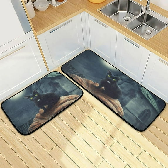 Black Cat on Pumpkin Kitchen Rugs 2 Pieces, Church Night Floor Mat Room Area Rug Washable Carpet Perfect for Living Room Bedroom Entryway Carpet Runner