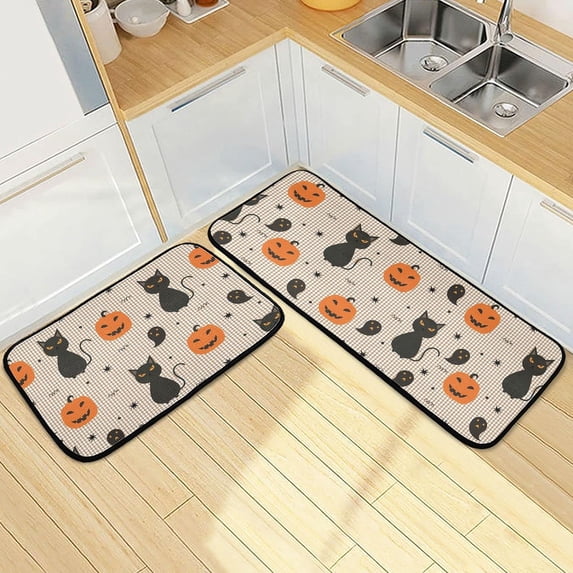 Black Cat Pumpkin Kitchen Rugs 2 Pieces, Halloween Pattern Floor Mat Room Area Rug Washable Carpet Perfect for Living Room Bedroom Entryway Carpet Runner