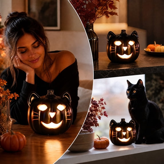 Black Cat Pumpkin LED Light, Cute Halloween Tabletop Night Lamp, Glowing Resin Figurine Ornament for Mantel, Shelf, Bedroom, Party Table and Seasonal Home Decor, Black