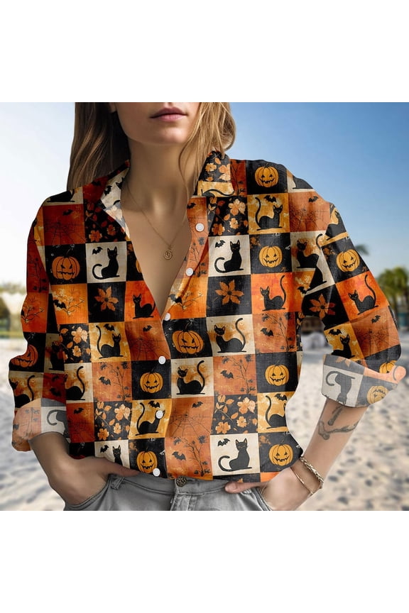 Black Cat Pumpkin Linen-Look Shirt, Halloween Cat Blouse Shirt, Vintage Pumpkin Shirt, Spooky Outfit for Women, Halloween Party Gift