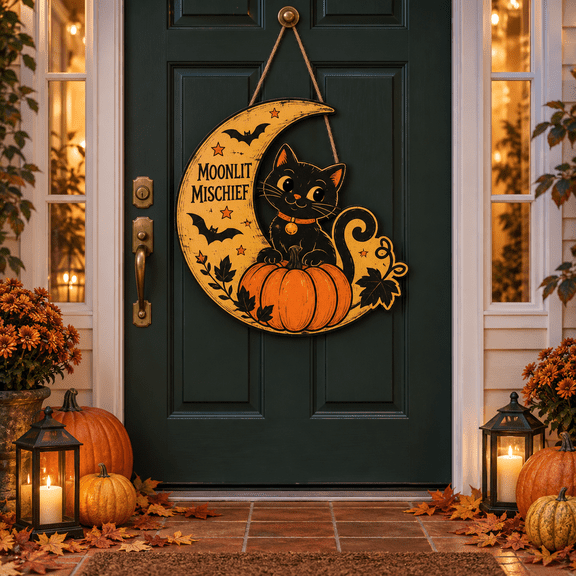 Black Cat Pumpkin Moon Wooden Sign Front Door Halloween Decor