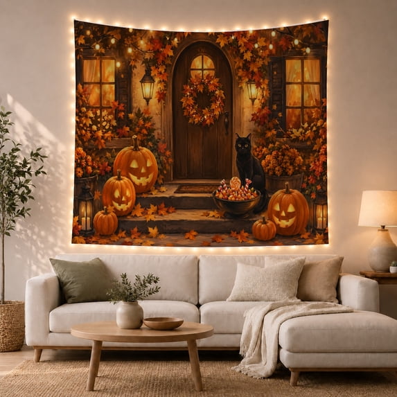 Black Cat on Pumpkin Porch with Lanterns, Whimsical Cottagecore Style for Cat Lovers, Autumn Wall Decor Halloween Gift, Tapestry Wall Hanging for Entryway and Dorm