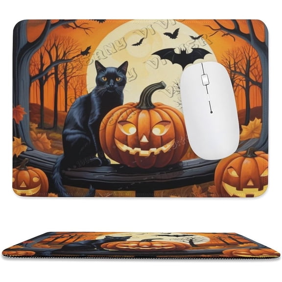 Black Cat Pumpkin Print Mouse Pad with Non-Slip Rubber Base, Stitched Edge, Premium-Textured, Gaming Mouse Pad for Wireless Mouse, Computers, Laptop, Office 8"x10"