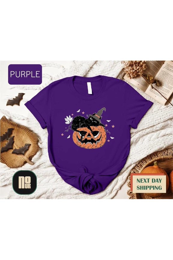 Black Cat Pumpkin Shirt, Spooky Season Tee, Retro Cat Fall Shirt, Cute Black Cat Autumn Vibes T-Shirt, Season Aesthetic Sweatshirt