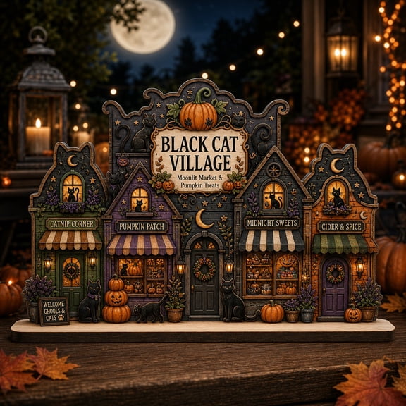 Black Cat Pumpkin Village Wooden Block Shelf Display for Halloween Home Decor