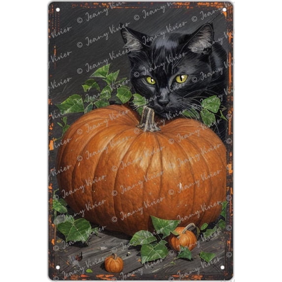 Black Cat Pumpkin Vintage Tin Sign Retro Style Beer Bar Man Cave Cafes Garage Club Pub Sign Kitten Lover Gift for Holiday Thanks Giving Day Christmas, Party Decor 12x8 Inch
