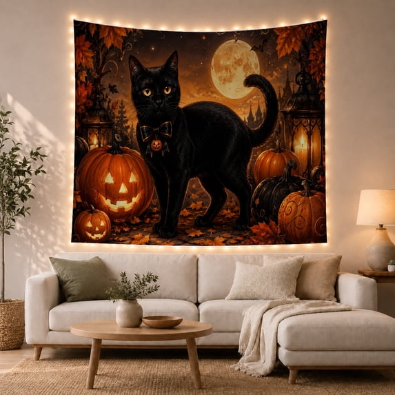 Black Cat with Pumpkins and Full Moon, Festive Halloween Scene, Spooky Gothic Style for Animal Lovers, Cat Themed Wall Art, Halloween Gift Tapestry Wall Hanging for Bedroom, Living Room and Dorm