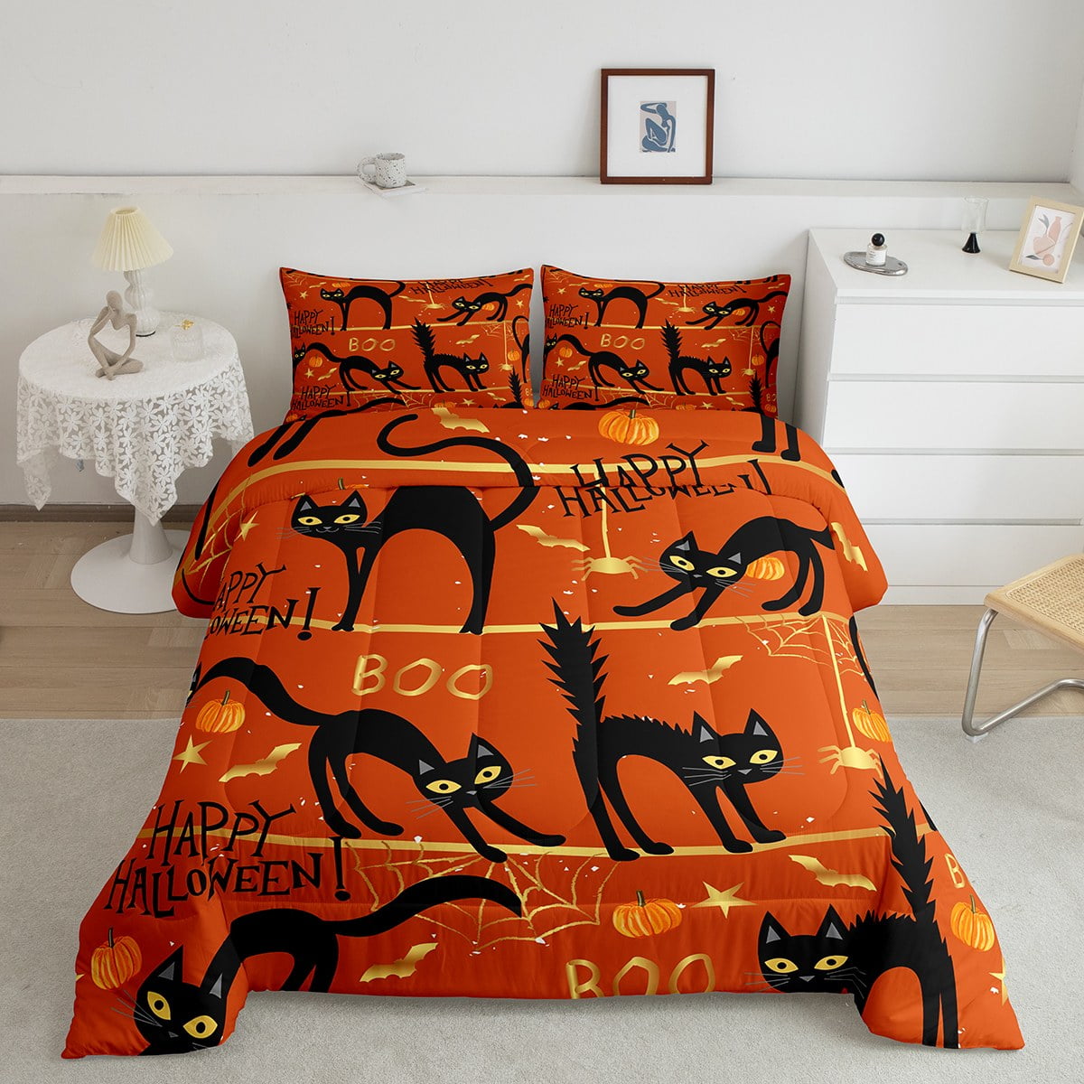 Black Cat Queen Size Comforter Set for Kids Boys Girls,Happy Halloween