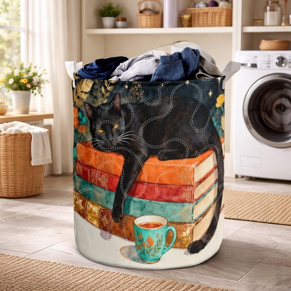 Black Cat Quilted Laundry Basket, Cute Cat Fabric Laundry Hamper, Book Lover Cat Storage Bin, Cozy Reading Cat Laundry Basket,Home Organizer