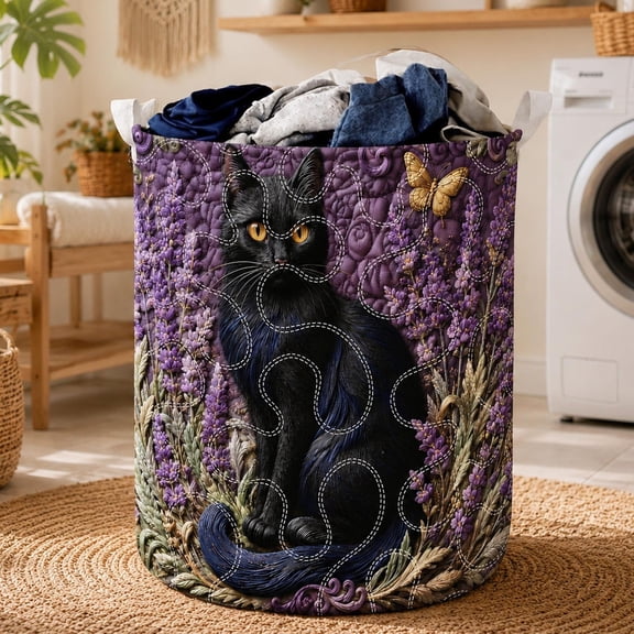 Black Cat Quilted Laundry Basket, Lavender Butterfly Hamper, Cottagecore Cat Laundry Bin, Whimsical Pet Fabric Storage Basket