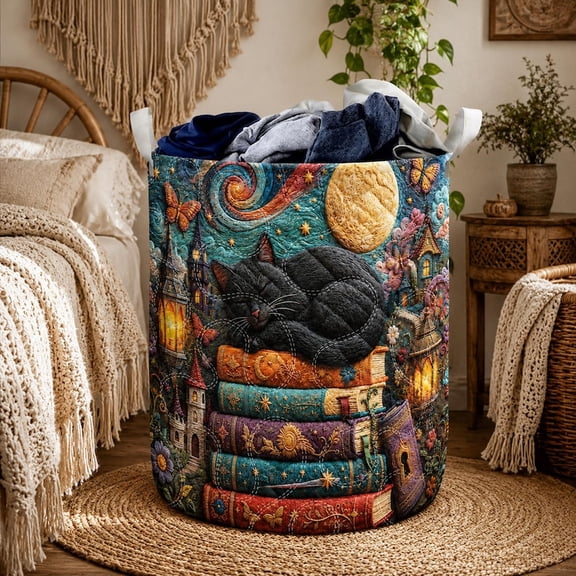 Black Cat Quilted Laundry Basket, Magical Book Hamper, Moonlit Cat Laundry Bin, Cottagecore Cat Fabric Storage Basket