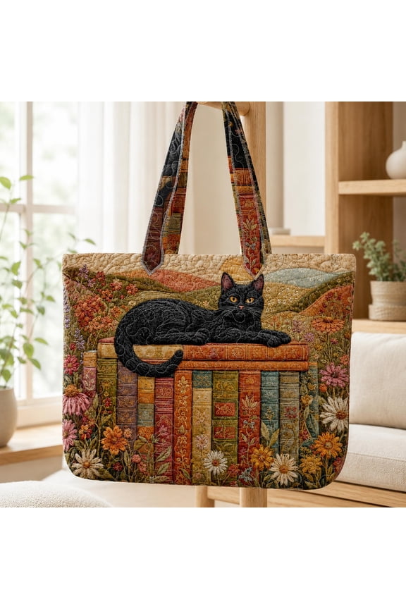 Black Cat Quilted Tote Bag, Personalized Floral Book Handbag, Patchwork Cat Shoulder Bag, Gift for Cat Lovers