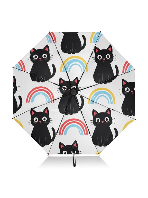 Black Cat Rainbow Umbrella Folding Sun Umbrella Travel Auto Open Close Large UV50+ 40in
