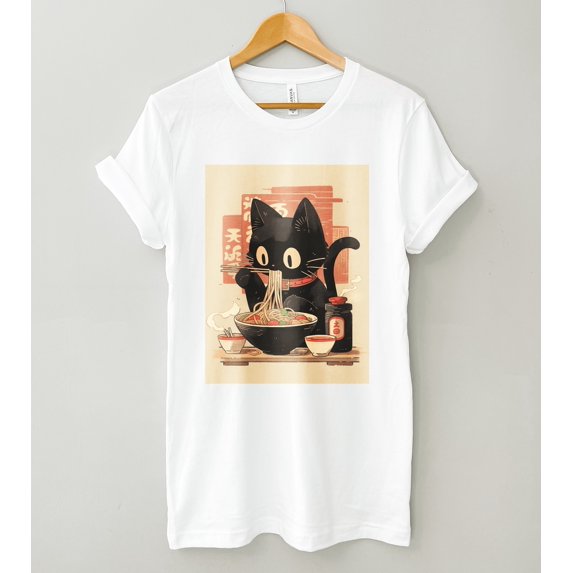 Black Cat Ramen Noodles Graphic Tee with Japanese Kawaii Noodle Bowl ...