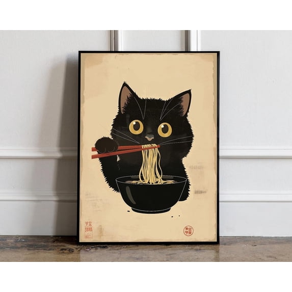 Black Cat Ramen Noodles Wall Art Print, Unframed Paper Poster 8x10in ...