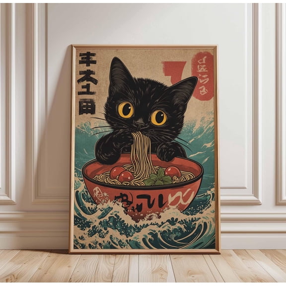 Black Cat Ramen Poster Cute Noodle Art Kawaii Cat Print Japanese Food Poster Cat Eating Ra