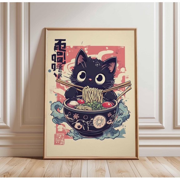 Black Cat Ramen Poster Cute Noodle Art Kawaii Cat Print Japanese Food Poster Cat Eating Ra