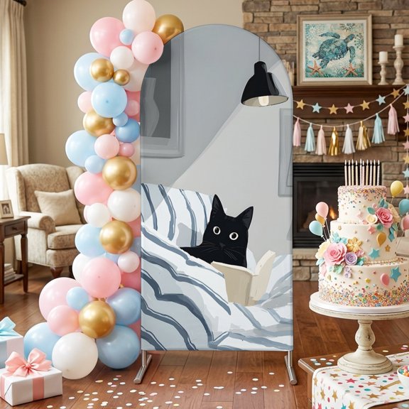 Black Cat Reading in Bed Arch Backdrop Covers 6 FT, Funny Cute Animal Stretchy Fitted Arched Stand Covers Party Arch Stand Cover Photo Booth for Wedding Birthday Decor