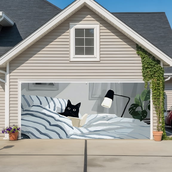 Black Cat Reading in Bed Garage Door Banner Covers, Funny Cute Animal Large Hanging Indoor/Outdoor Backdrop Background for Christmas Winter Party Decor, 6x13ft