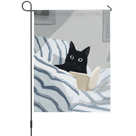 Black Cat Reading in Bed Garden Flags For Outdoor, Funny Cute Animal Small Double Side Yard Flags Weather Proof Garden Decor for Lawn Outside Holiday 12 x 18 Inches