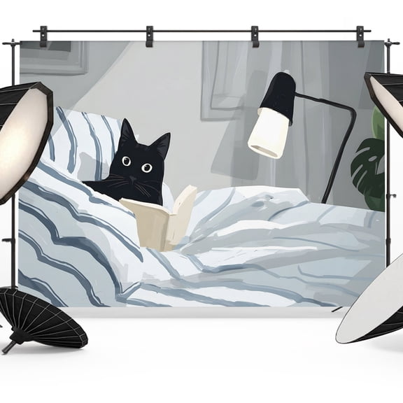 Black Cat Reading in Bed Photography Backdrop 7x5FT, Funny Cute Animal Photo Backdrops, Background for Photography Studio Photo Studio Background, Back Drop for Photoshoot