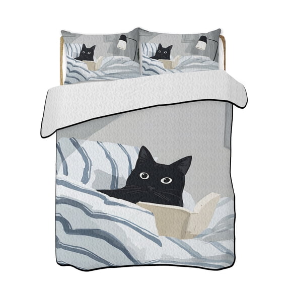 Black Cat Reading in Bed Quilts Bedding Set Queen Size Funny Cute Animal Lightweight Quilted Bedspread 3 Piece Bed Quilt with 2 Pillow Shams All Season for Bedroom 78" x 90"