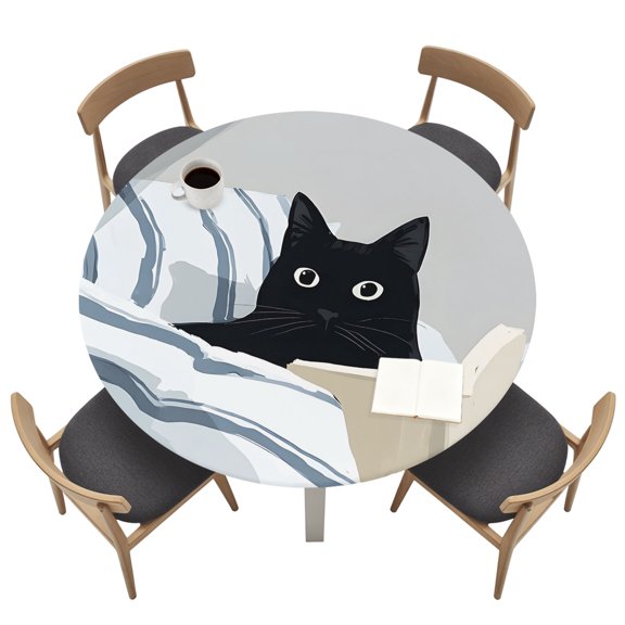 Black Cat Reading in Bed Round Fitted Table Cover Funny Cute Animal Waterproof Table Cloth with Elastic Edge Wipeable Tablecloth for Picnic Camping Party Fits 45"-54" Tables