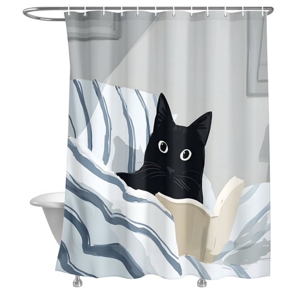 Black Cat Reading in Bed Shower Curtain, Funny Cute Animal Lightweight Waterproof Fabric Shower Curtain with Rustproof Grommets for Bathroom Bathtub 72x84in