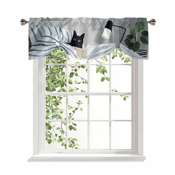Black Cat Reading in Bed Tie Up Valances Curtain, Funny Cute Animal Adjustable Rod Pocket Window Treatment Short Tie Up Curtains Valances for Kitchen Living Room Bathroom 54x18 Inches
