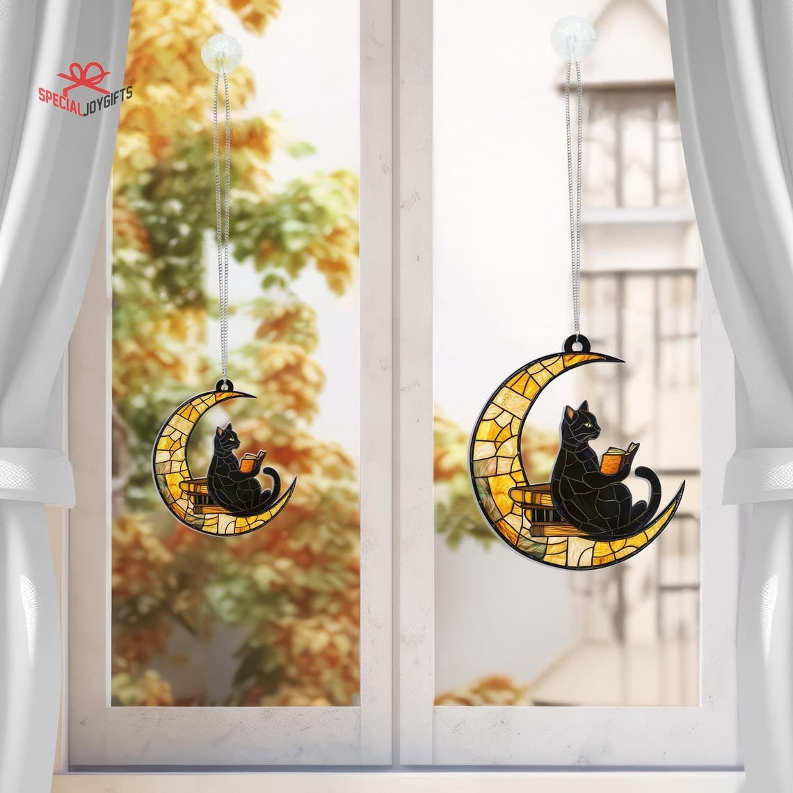 Black Cat Reading Book On The Moon Acrylic Suncatcher Window Hanging ...