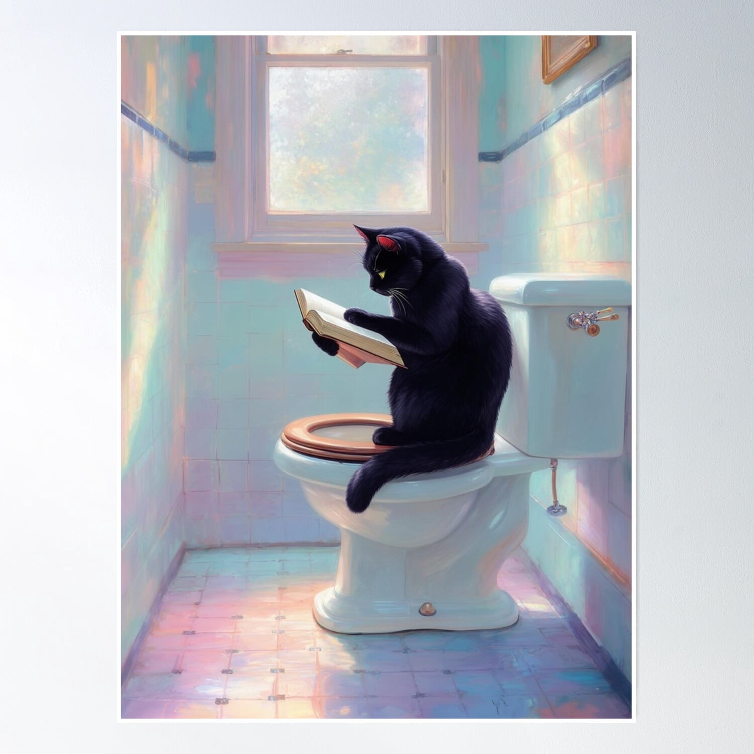 Black Cat Reading Book On Toilet - Funny Bathroom Art, Whimsical Feline ...