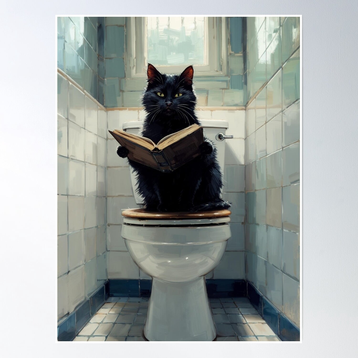 Black Cat Reading Book On Toilet - Funny Bathroom Art, Whimsical Feline ...