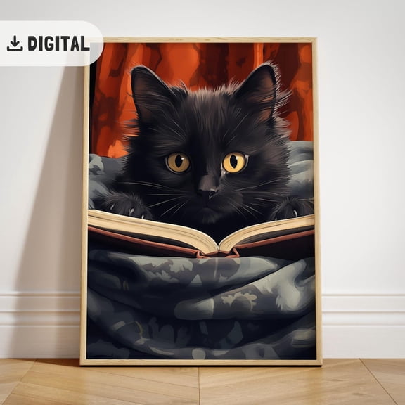 Black Cat Reading Book Poster, Book Lover, Read Inspiring Wall Decor, Trendy Retro Reader Wallart, Bookish Poster, Reading Fan, Bookworm, Unframed Poster Size 16x24