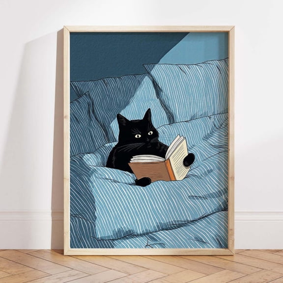 Black Cat Reading Book Poster Minimalist Bedroom Scene Cozy Art Print Wall Art Decor Home Decor Bedroom Decor Aesthetic Illustration Gift Size 24x36 Unframed Poster