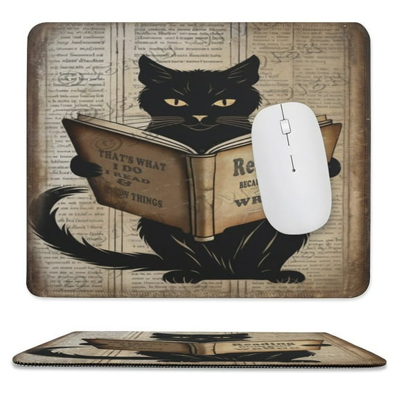 Black Cat Reading Book Print Mouse Pad with Non-Slip Rubber Base, Stitched Edge, Premium-Textured, Gaming Mouse Pad for Wireless Mouse, Computers, Laptop, Office 10"x12"