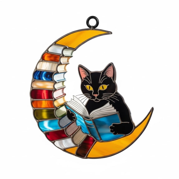 Black Cat Reading Book Suncatcher, Crescent Moon Book Stack Faux Stained Glass, Cozy Reader Window Decor, Cat Lover Ornament, Bookish Gift