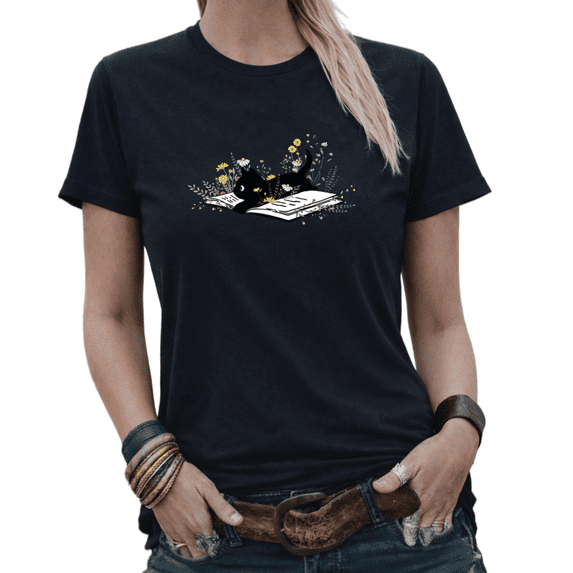 Black Cat Reading Book Wildflower Graphic Tees Womans Tshirt Shirts Black/White S-5XL Tops